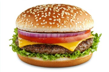 Delicious cheeseburger with fresh ingredients on white background. Neural network AI generated