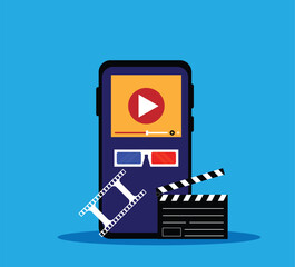 Obraz premium Smartphone Video Attributes Player Slate and Film Reel. Cinema industry, watching and producing modern videos on smartphone vector