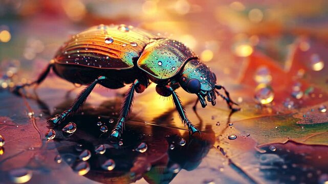 Jewelled Beetle on Autumn Leaves: A Macro Photograph