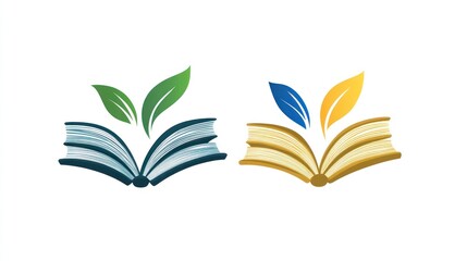 Open Books with Green Leaves, Educational Concept, Minimalist Design, Stock Photo