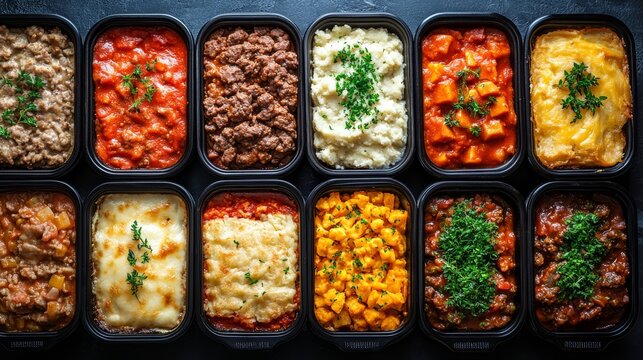 a flat lay background image of many unlabled single portion frozen dinners of lasagna, meat loaf, Beef Stew, Shepherd's Pie on an angle with black trays that are a flat lay