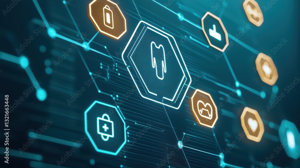 Poster digital blockchain concept for health data management and interconnectivity visualization