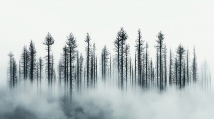 Fototapeta premium Once Lush Forest Burned to Barren Landscape with Twisted Trees in Misty Atmosphere