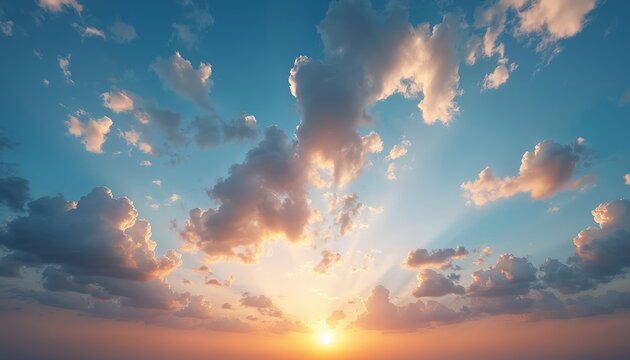 Majestic sunset sky with sunbeams through clouds. Colorful vibrant cloudscape nature background in orange, blue tones. Beautiful dramatic light and colors at sundown. Heavenly sunlight at dawn. - Powered by Adobe