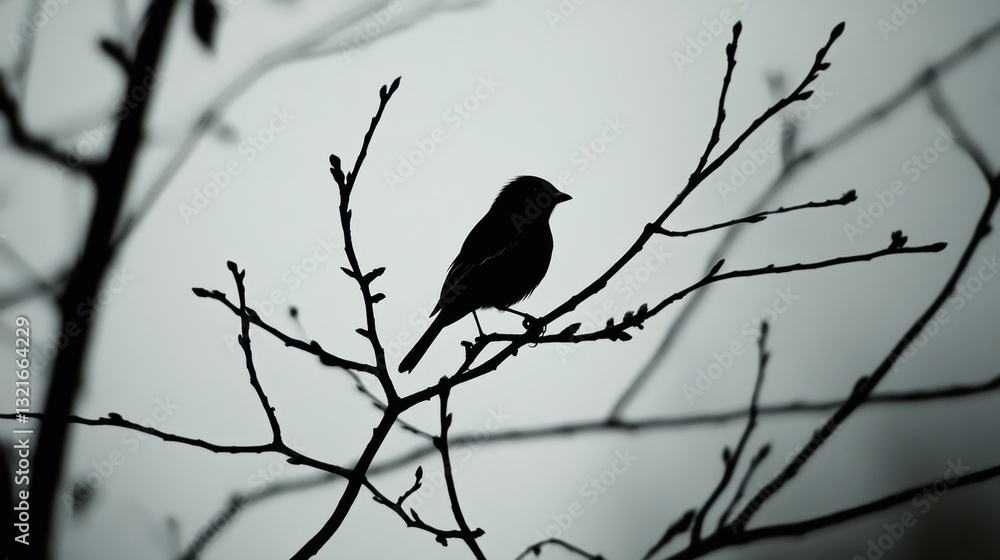 Poster silhouette of a bird perched on twigs against a misty background portraying serenity and nature's in
