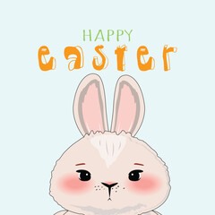 Cute Easter design with a bunny head at the bottom and Happy Easter label on top, set against a blue backdrop