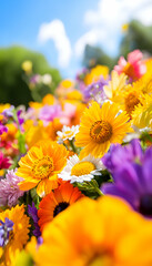 Vibrant bouquet of wildflowers in sunny garden