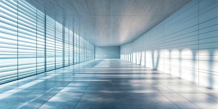 Bright empty room with large rectangular windows, white and blue color palette, smooth matte surfaces, tiled reflective floor, minimalistic modern interior, geometric lines, filled with natural daylig