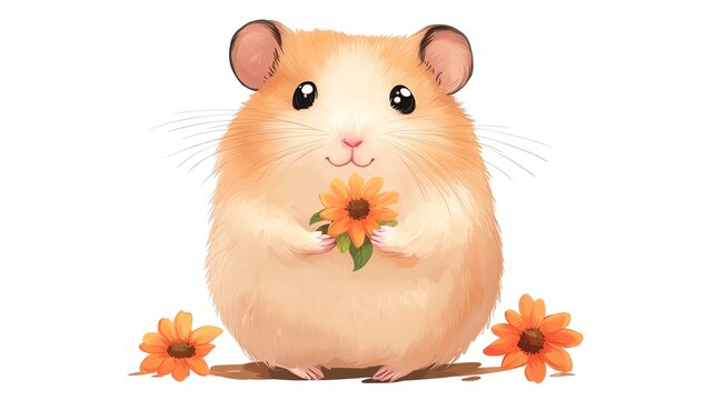 A cute hamster holds a bright flower, showcasing a playful and adorable character in a whimsical, colorful style.