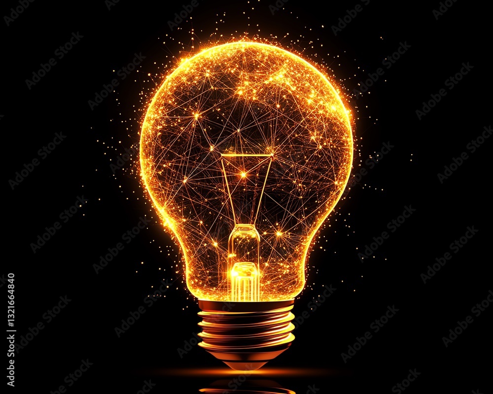 Poster glowing light bulb with interconnected lines representing digital innovation and networked thinking,