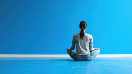 Fototapeta premium A casual individual sitting cross-legged on a bright blue floor with a matching wall 
