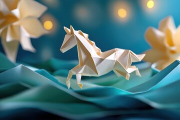 Fototapeta premium Discover the enchanting allure of a paper origami horse, a symbol of grace and minimalist surreal artistry, gently floating in a serene, dreamlike space Behold the exquisite details of this unique