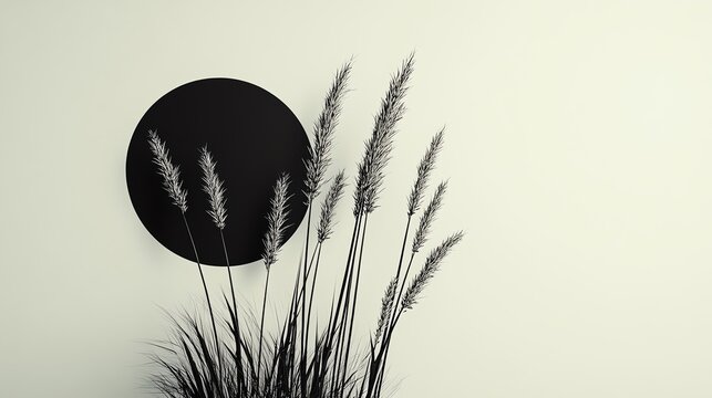 minimalist black and white design featuring a central circle and five wheat stalks, evoking the essence of nature and balance
