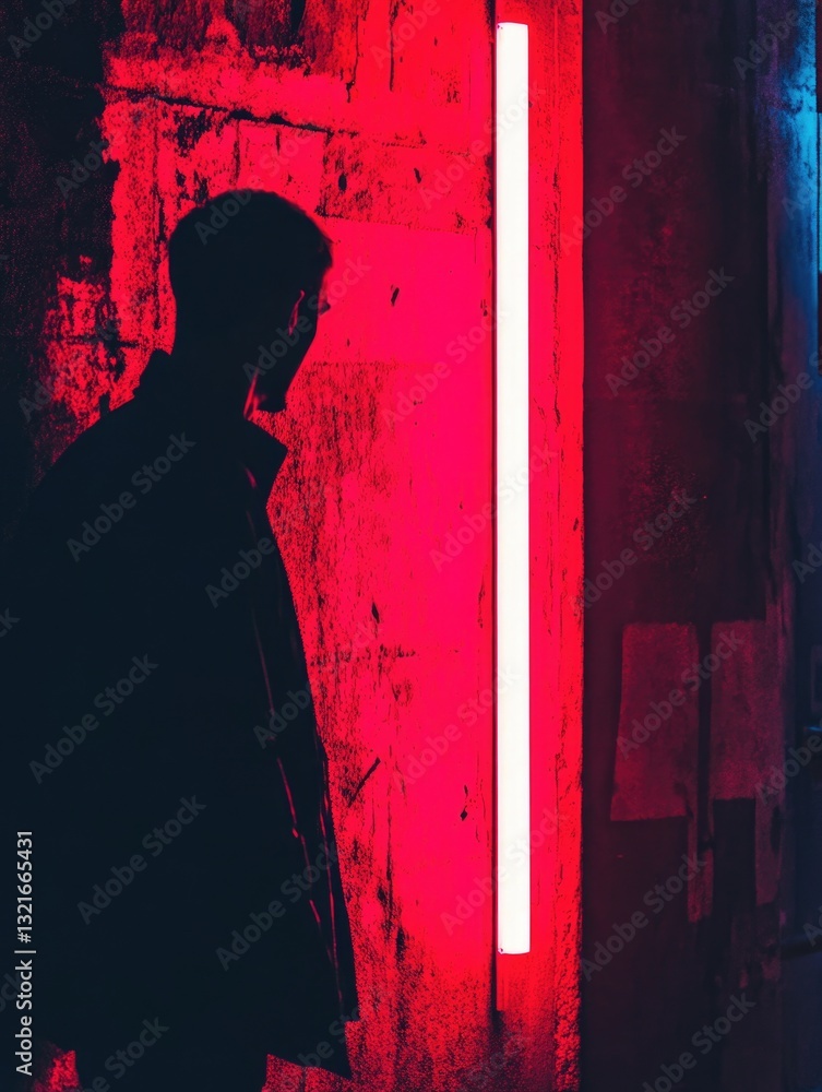 Poster a person stands in front of a bright neon sign with vibrant colors and patterns