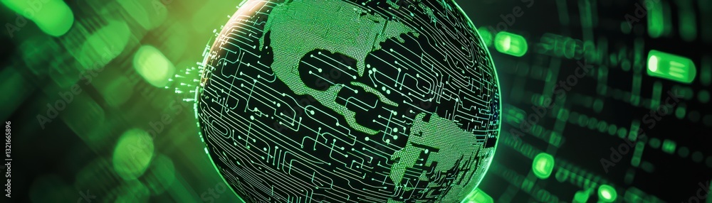 Poster cyber concept of earth wrapped in digital circuitry with green glow on abstract background