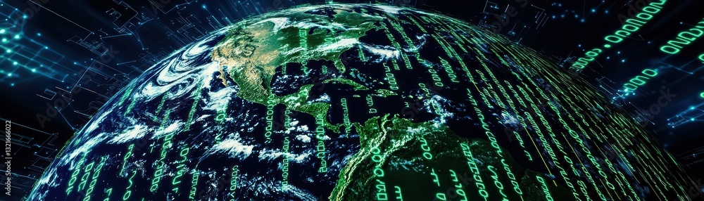 Poster digital concept of earth enveloped in cyber network and data streams in futuristic design