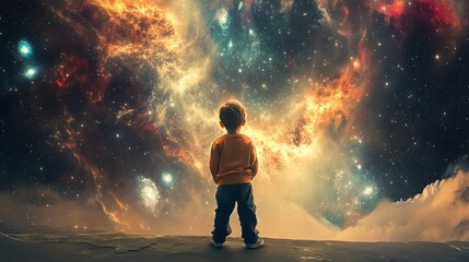 Obraz premium A child gazes into a vibrant cosmic scene, filled with stars and nebulae, evoking a sense of wonder and imagination.