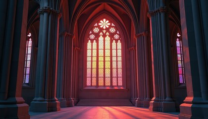 Gothic Cathedral Illuminated: Golden Light and Intricate Designs in HighResolution Digital Art. A 3D rendering of a Gothic cathedral with stained glass windows.