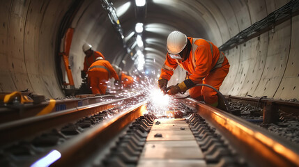 Railway tunnel construction. Workers in safety gear welding and maintaining railway tracks underground. Infrastructure development, metro system, high-speed rail engineering. Transportation industry