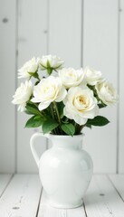 Obraz premium Snow-white blooms arranged in a pristine white vase against a whitewashed wood surface , blossom, home decor, hyacinths