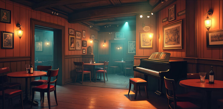 Illustration of vintage jazz club interior with piano. Tables set with wine, soft lightning. Design for music event, concert poster, retro style themed establishment. Empty hall, cozy place, elegant