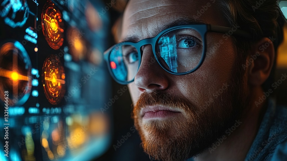 Poster A researcher focuses intently on a display featuring intricate quantum computing concepts, such as qubits, entanglement, and decoherence in a modern lab environment late at night.
