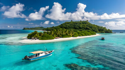 a beautiful and drone style view of island with beautiful sea water and ships and yacht in the scene  