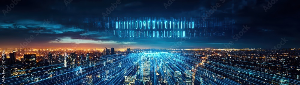 Poster illuminated digital financial concept over cityscape at night with binary code background