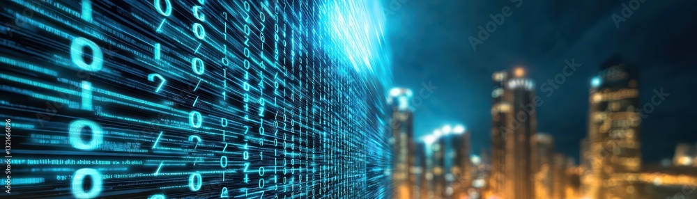 Poster illuminated cityscape with digital finance concept and binary code in night sky