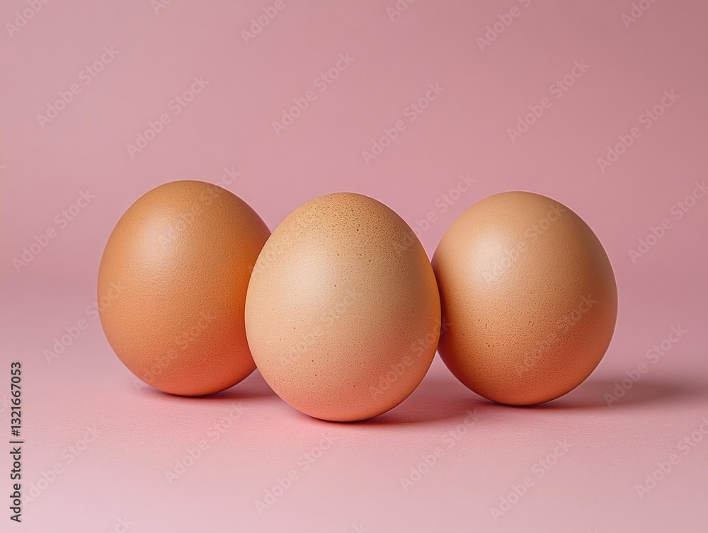 Poster three smooth, light brown eggs arranged in a row on a soft pink background, emphasizing simplicity