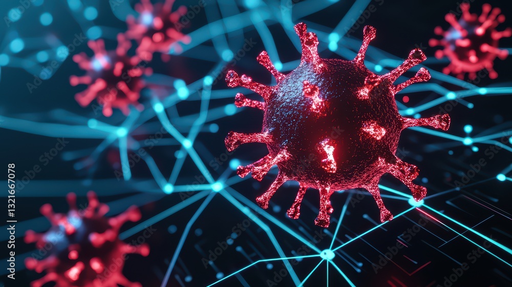 Poster digital concept of virus spread in network representations with 3d visualization