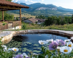 Naklejka premium Discover the serene beauty of a mountain hot spring in an idyllic setting, a perfect place to relax and enjoy nature Immerse yourself in the calming waters surrounded by wildflowers, while taking in