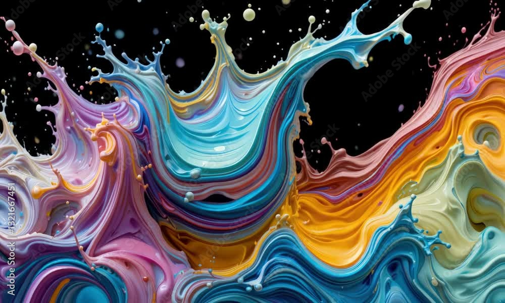 Poster vibrant fusion of swirling colorful paint splashes frozen in motion creating an abstract artistic ma