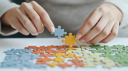 Fototapeta premium Placing final puzzle piece in colorful jigsaw puzzle brings joy