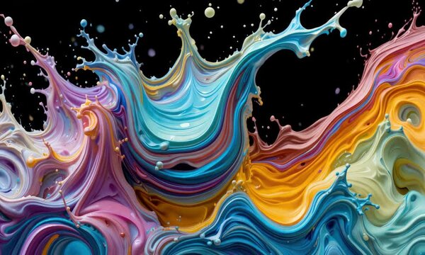 Vibrant fusion of swirling colorful paint splashes frozen in motion creating an abstract artistic masterpiece with dynamic energy on a dark background. 