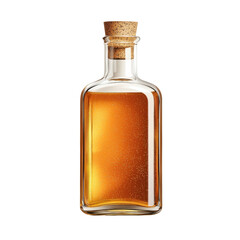 Glass Bottle with Cork Cap Filled with Golden Liquid on White Background