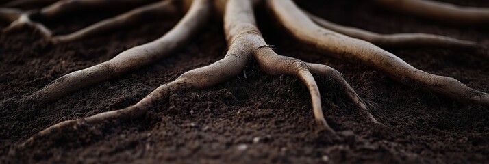 An artistic representation of tree roots sprawling across the soil, capturing the complexity and strength of nature's foundation and the interconnectedness of life.