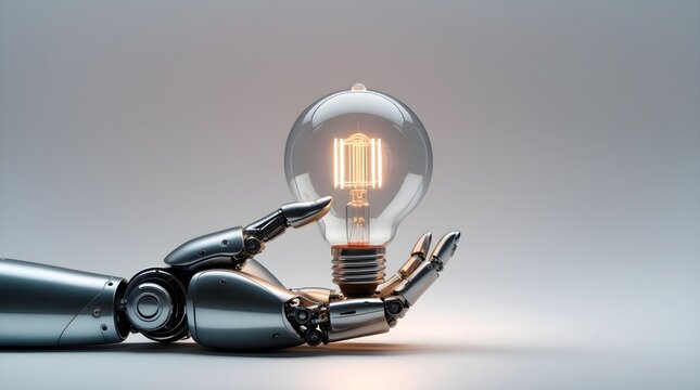 a robot hand holding a light bulb, space for copy