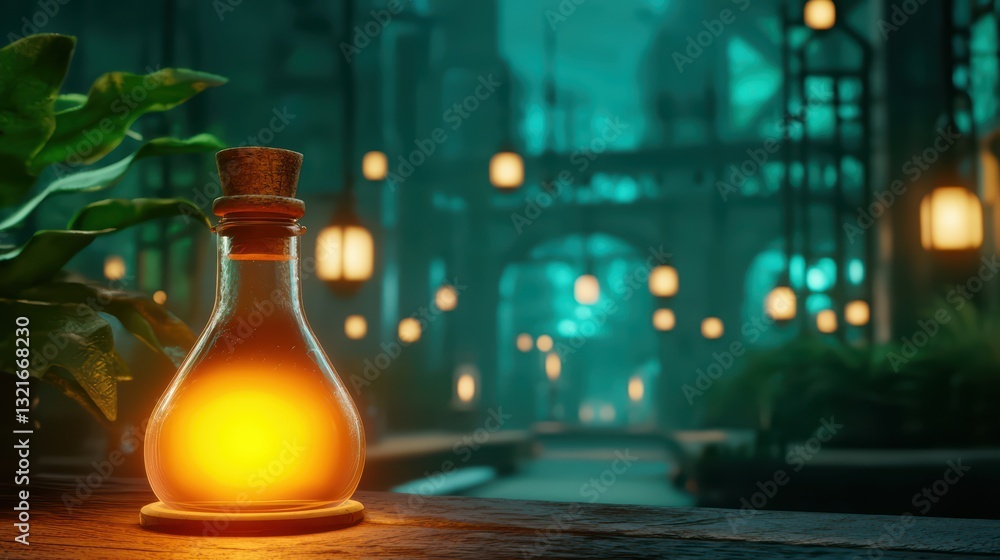 Poster elven scientist creating potion in mystical laboratory with lush greenery and ambient lighting