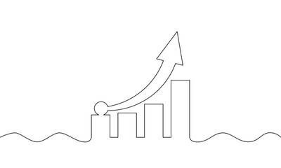 Continuous one line drawing of growing business chart with upward trend arrow and success symbol. single line art of graph icon. growth graph vector illustration