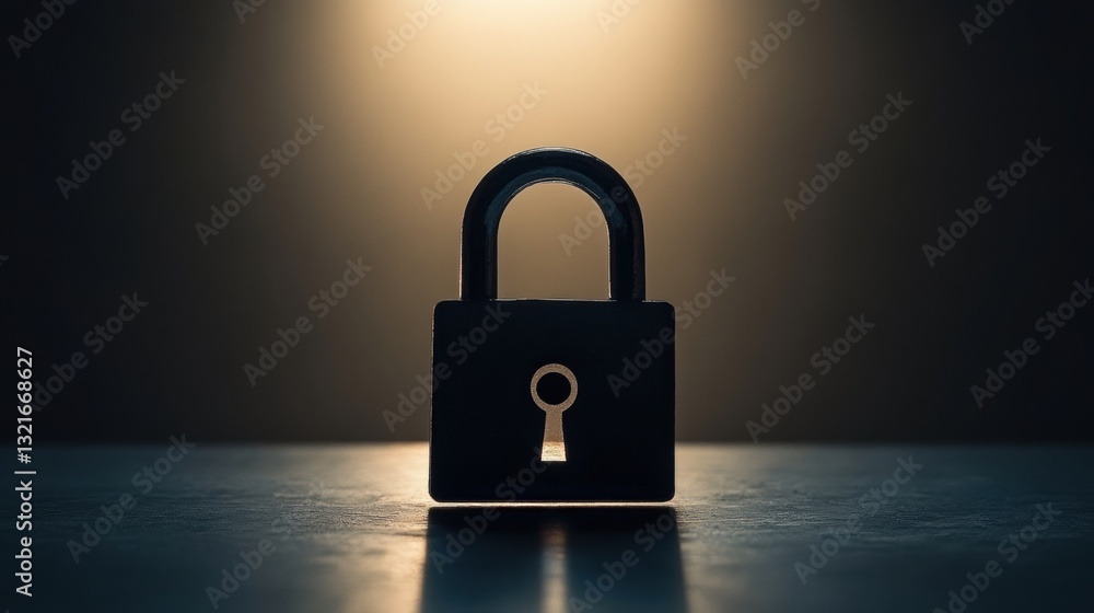 Aufkleber dark silhouette of a padlock with keyhole illuminated against a soft focus background creating a sen