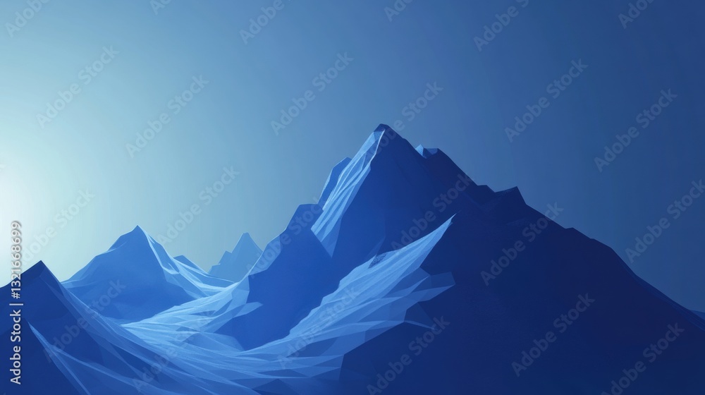Poster abstract geometric landscape with sharp angular peaks and soft gradients in shades of blue represent