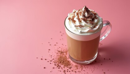 Coffee with whipped cream chocolate shavings on pink background. Hot beverage in glass cup. Sweet dessert treat refreshment on pink table. Latte cappuccino with tasty foam.