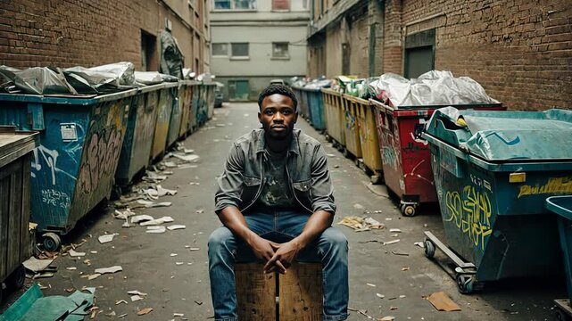 A man sits on a wooden crate in a narrow alley filled with overflowing dumpsters and scattered trash. His expression is serious, and the gritty urban setting enhances the mood.
