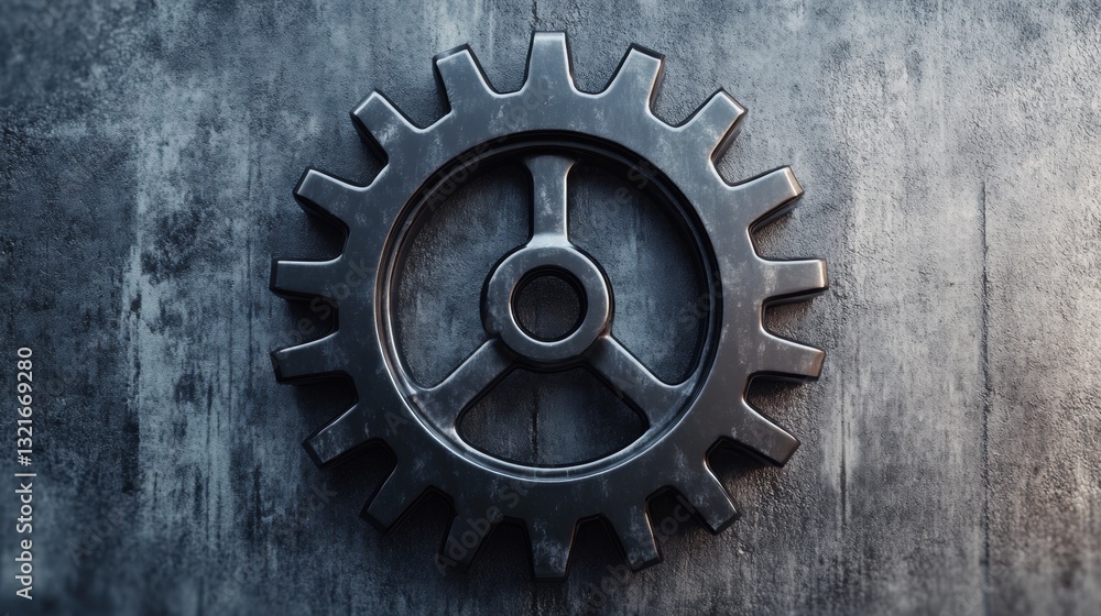 Poster close-up view of a single metallic gear on a textured background with industrial aesthetic and sharp