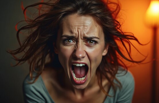 Close-up of crazy angry woman screaming. Adult portrait of female face full of rage, emotion, stress, fear. Furious aggressive stressed upset lady shouts, yells with wide open mouth. Bad mood concept.