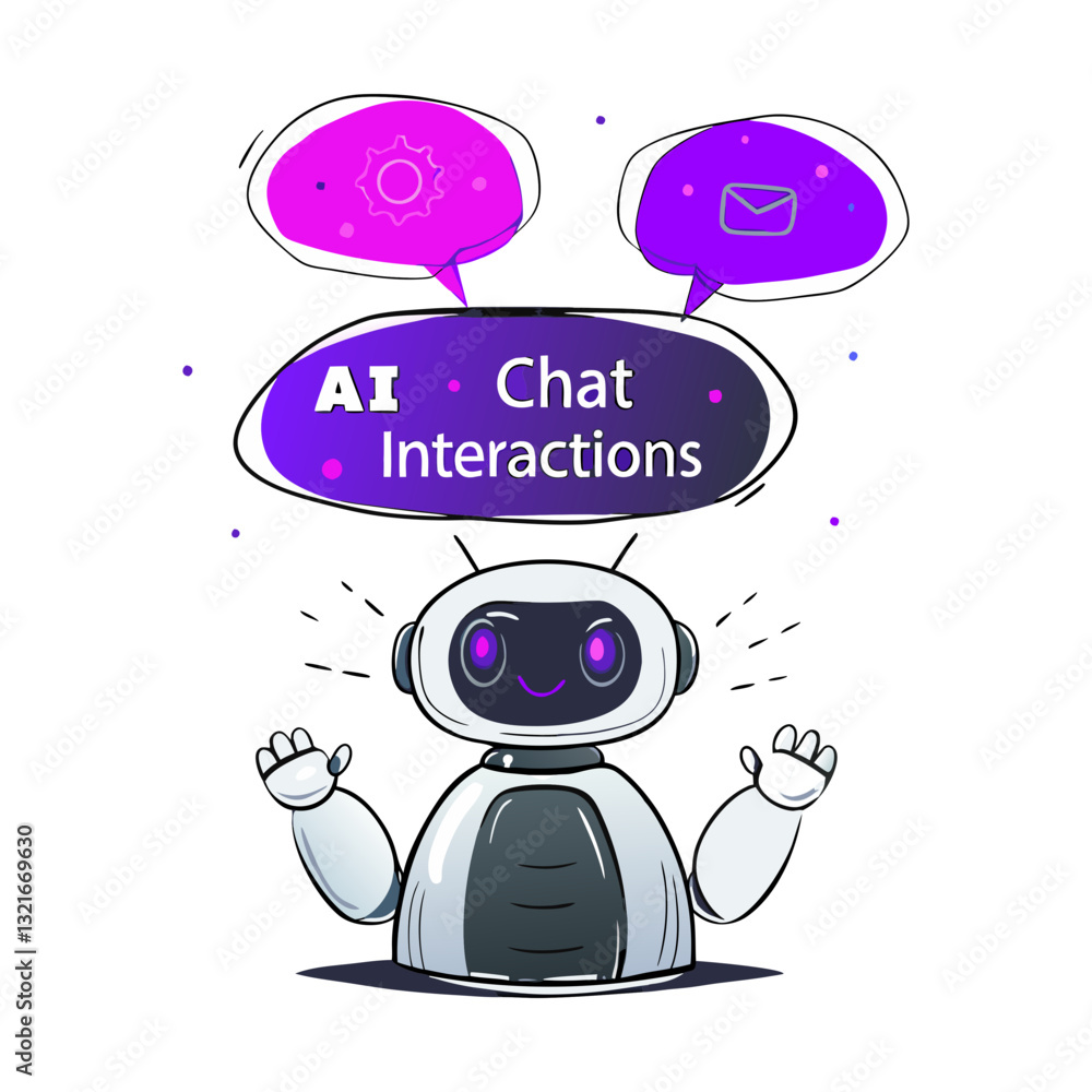 Poster cute ai chatbot robot with speech bubbles, representing artificial intelligence, chat interactions, 