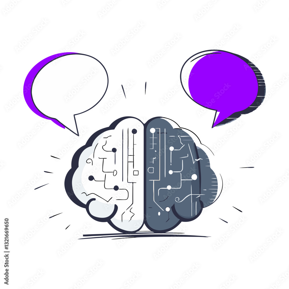 Poster illustration of an artificial intelligence brain with speech bubbles, symbolizing ai-powered communi