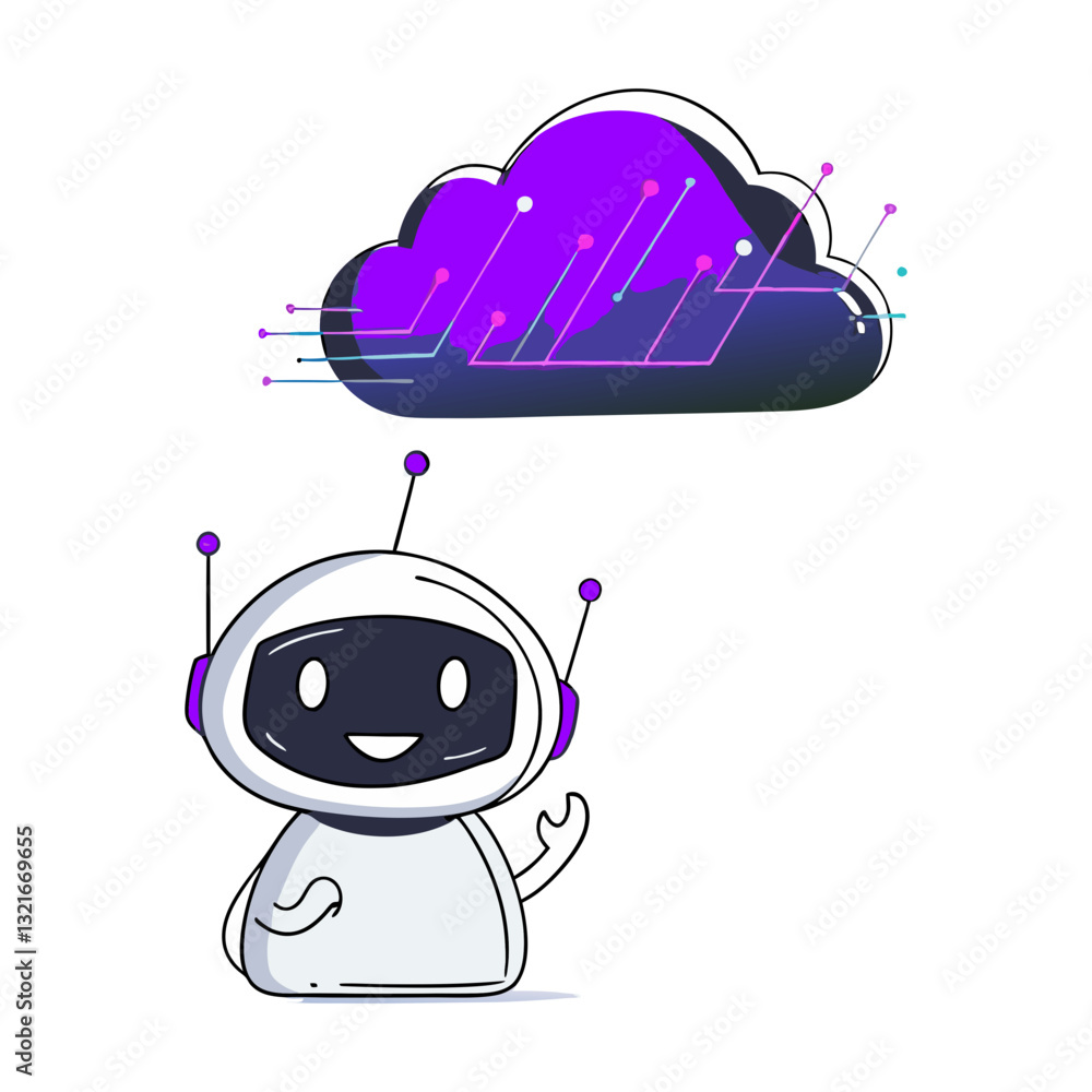 Poster cute ai robot interacting with a futuristic cloud computing system, symbolizing artificial intellige