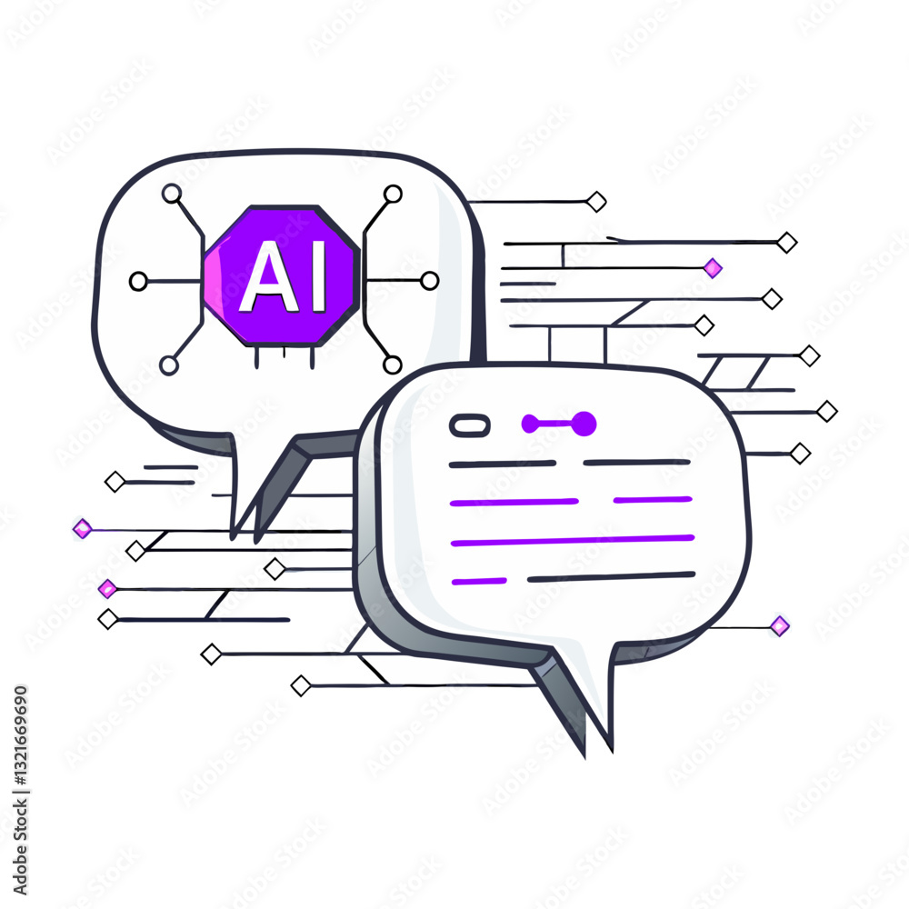 Poster vector illustration of ai-powered chat bubbles with digital circuit elements, symbolizing artificial